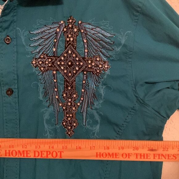 Victorious Teal Blue Long Sleeve Shirt with Embellishments Crosses Shirt Size XL - Picture 5 of 8